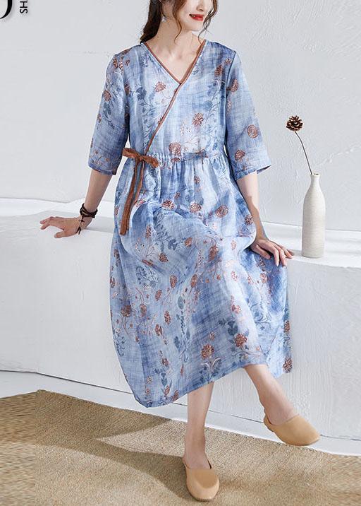 Modern Blue Tie Waist Patchwork Print Summer Ramie Dress Half Sleeve - Omychic