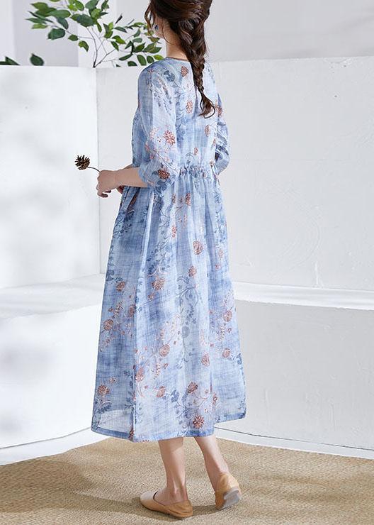 Modern Blue Tie Waist Patchwork Print Summer Ramie Dress Half Sleeve - Omychic