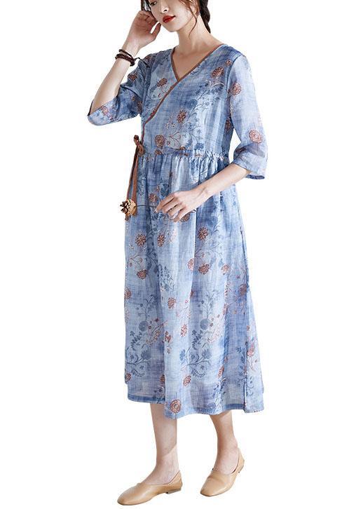 Modern Blue Tie Waist Patchwork Print Summer Ramie Dress Half Sleeve - Omychic