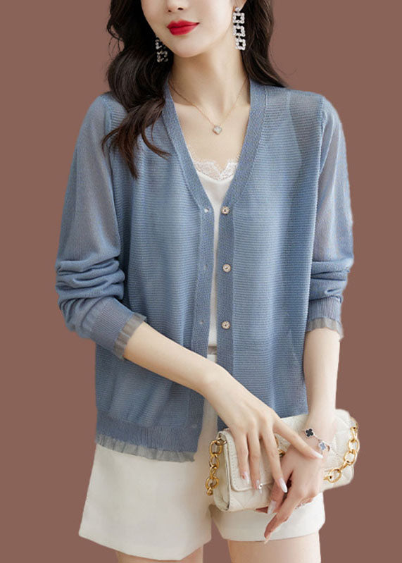 Modern Blue V Neck Lace Patchwork Button Ice Size Knit Cardigans Long Sleeve