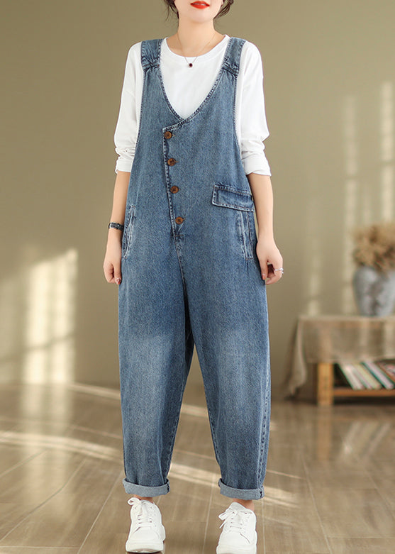 Modern Blue V Neck Pockets High Waist Denim Jumpsuit Fall