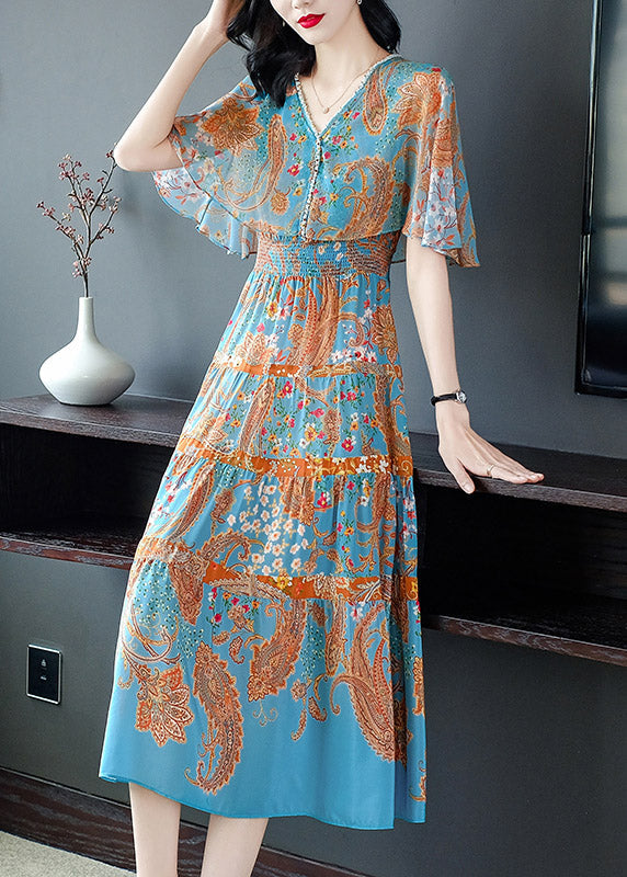 Modern Blue V Neck Print Elastic Waist Silk Long Dress Flare Sleeve