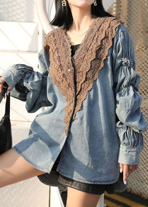 Modern Blue V Neck Wrinkled Lace Patchwork Denim Shirts Coat Spring