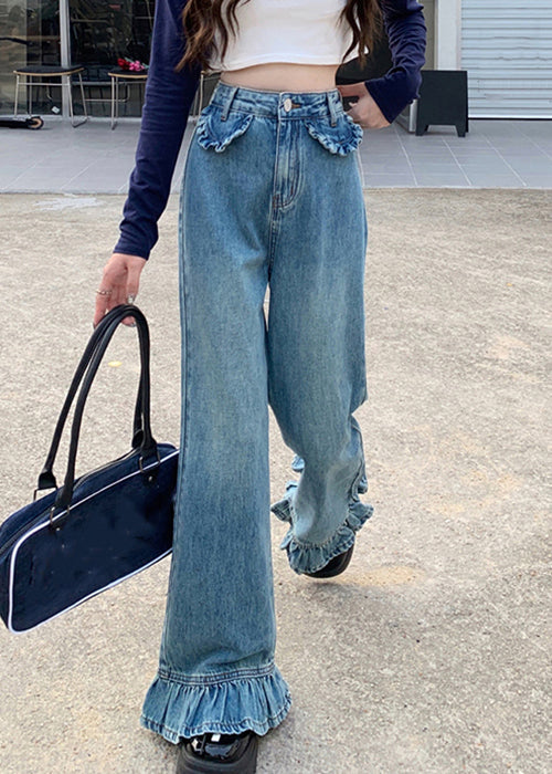 Modern Blue Wrinkled High Waist Denim Wide Leg Pants Spring