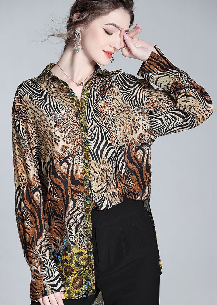 Modern Brown Peter Pan Collar Leopard Print Silk Top Spring