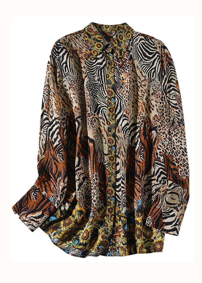 Modern Brown Peter Pan Collar Leopard Print Silk Top Spring