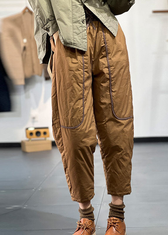 Modern Caramel Elastic Waist Pockets Patchwork Fine Cotton Filled Harem Pants Winter