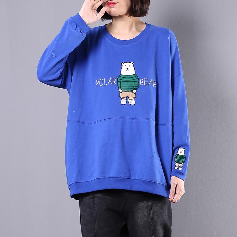 Modern Cartoon print cotton clothes For Women Cotton blue long sleeve top fall - Omychic