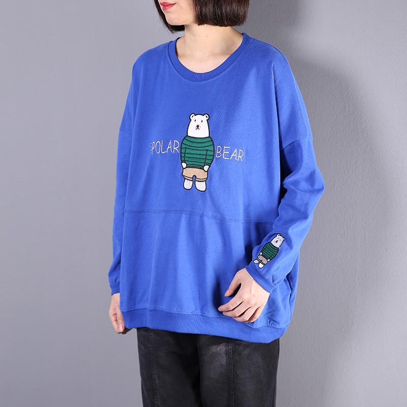 Modern Cartoon print cotton clothes For Women Cotton blue long sleeve top fall - Omychic