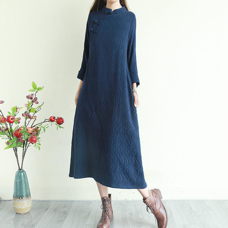 Modern Chinese Button linen jacquard clothes For Women Shirts navy Dresses - Omychic