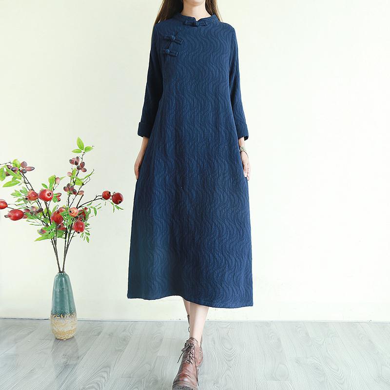 Modern Chinese Button linen jacquard clothes For Women Shirts navy Dresses - Omychic