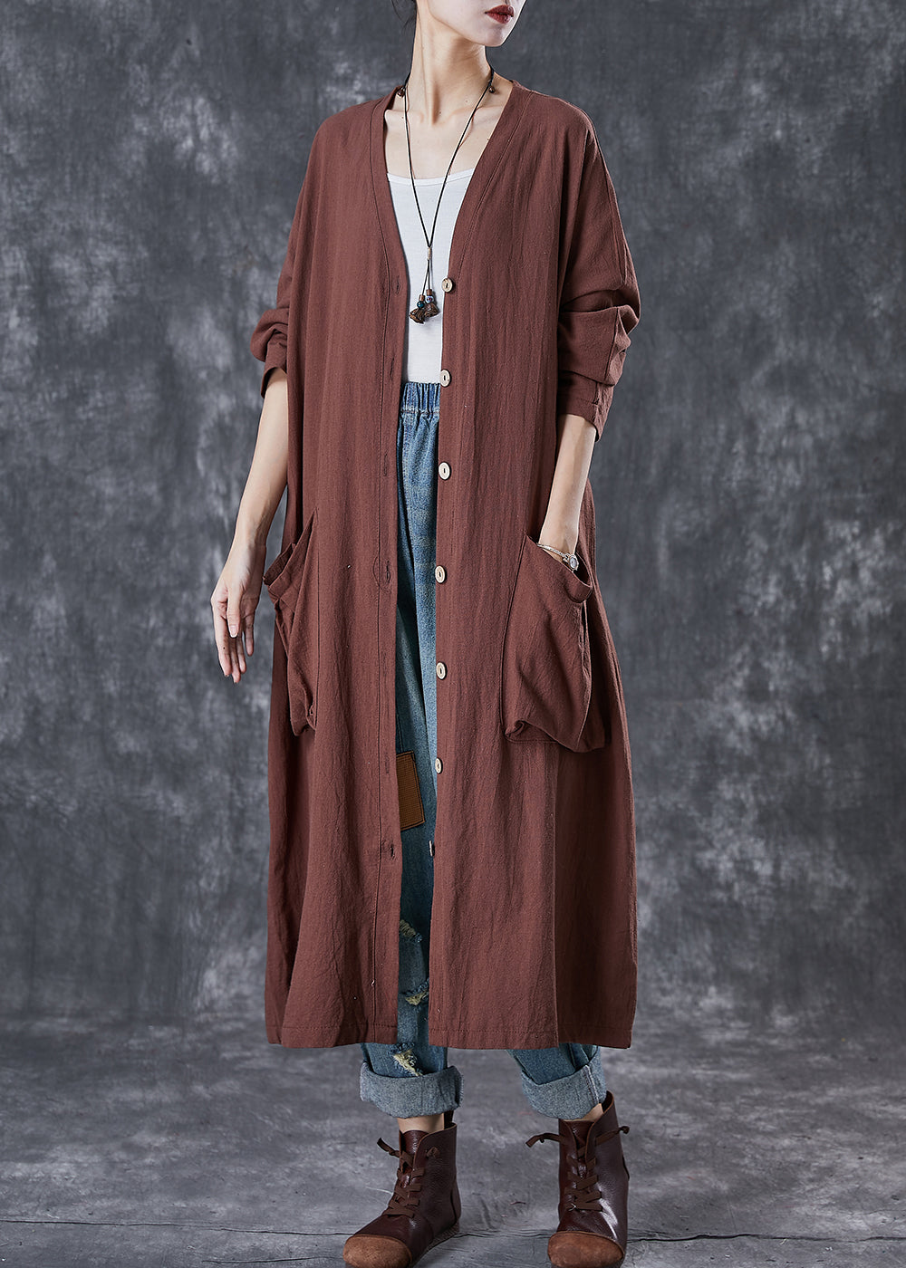 Modern Chocolate Oversized Pockets Linen Trench Spring