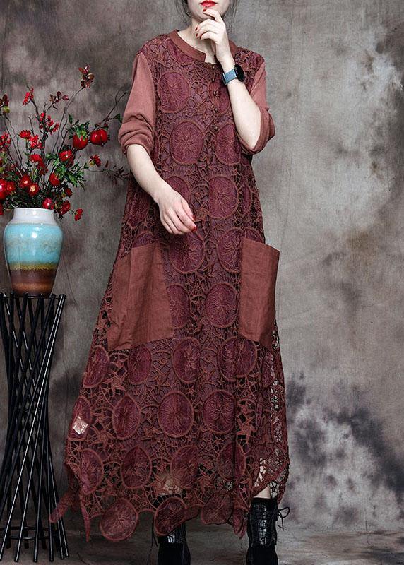 Modern Coffee Button Embroideried asymmetrical design Fall Vacation Dresses Long sleeve - Omychic
