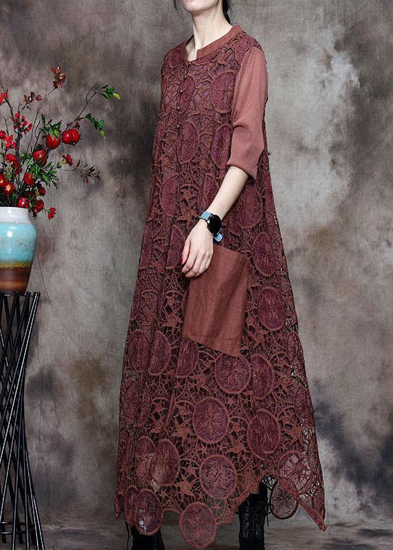 Modern Coffee Button Embroideried asymmetrical design Fall Vacation Dresses Long sleeve - Omychic