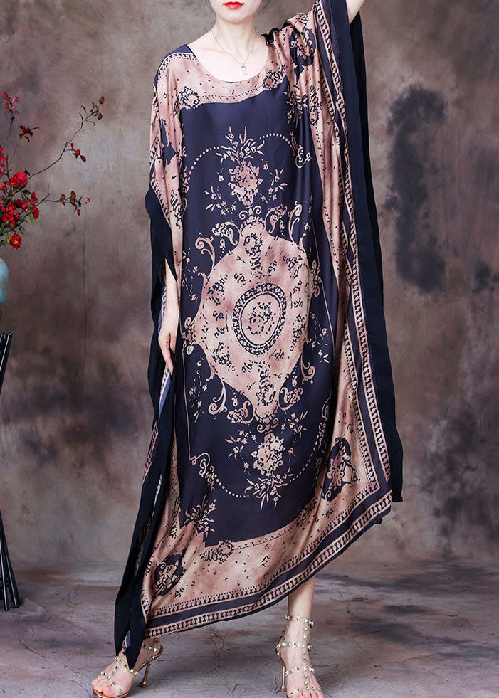 Modern Coffee O-Neck Print Silk Long Dress Gown Batwing Sleeve