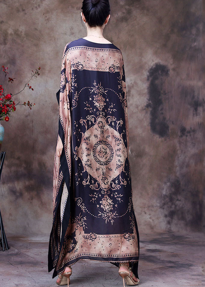 Modern Coffee O-Neck Print Silk Long Dress Gown Batwing Sleeve