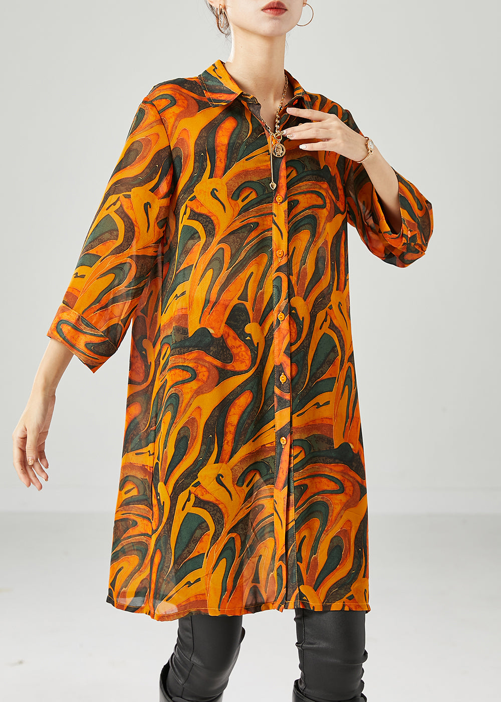 Modern Coffee Oversized Print Chiffon Long Shirt Bracelet Sleeve