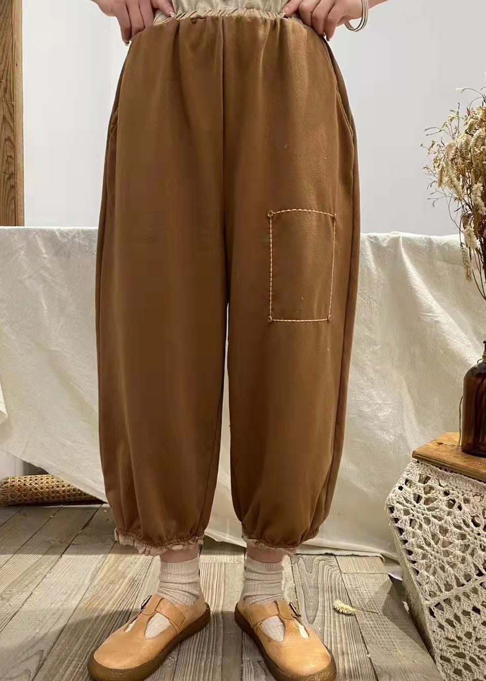 Modern Coffee Pockets Patchwork Cotton Pants Spring
