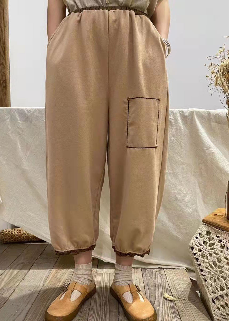 Modern Coffee Pockets Patchwork Cotton Pants Spring