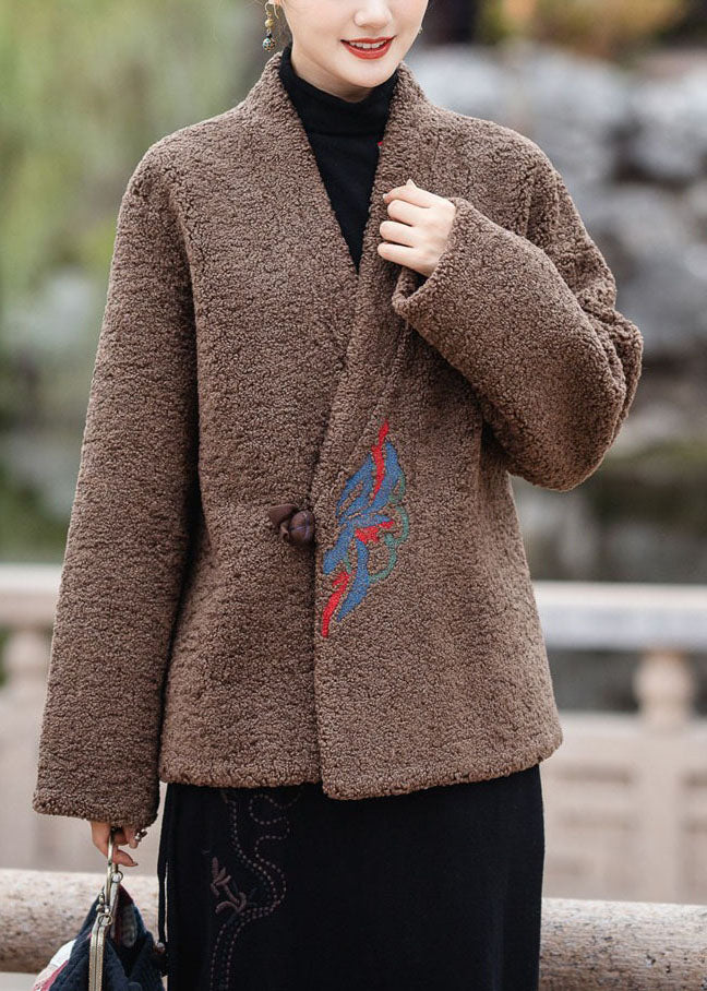 Modern Coffee V Neck Embroideried Thick Teddy Faux Fur Coats Winter