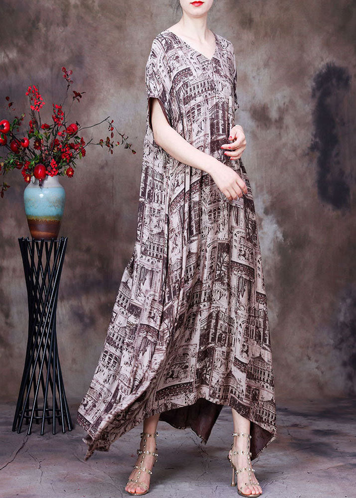 Modern Coffee V Neck Print Side Open Draping Silk Long Dresses Short Sleeve