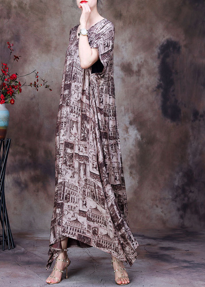 Modern Coffee V Neck Print Side Open Draping Silk Long Dresses Short Sleeve