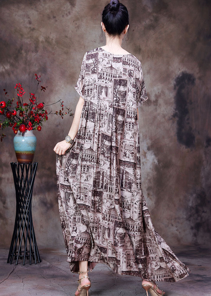 Modern Coffee V Neck Print Side Open Draping Silk Long Dresses Short Sleeve