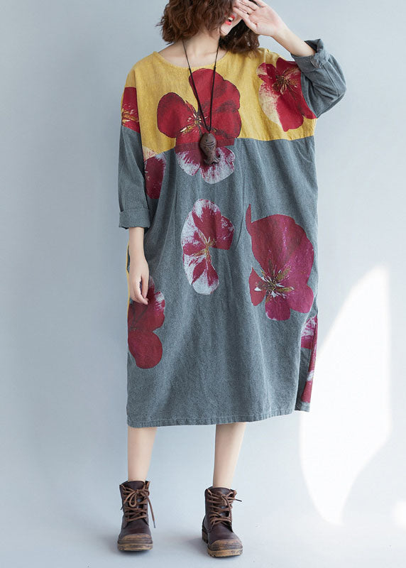 Modern Colorblock O-Neck Oversized Patchwork Print Cotton Long Dress Spring