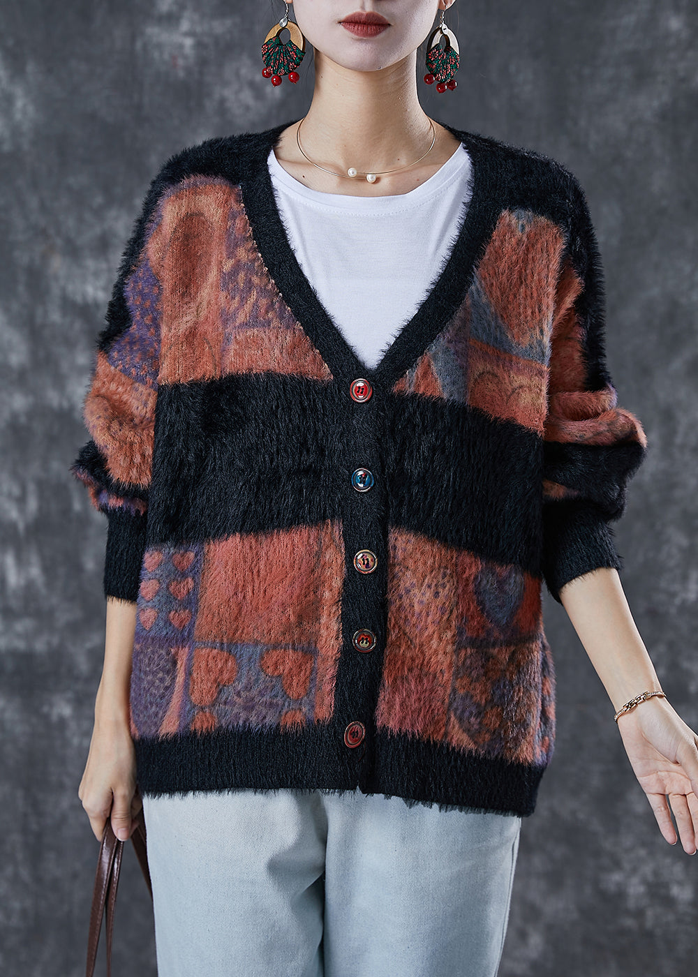 Modern Colorblock Oversized Thick Mink Hair Knitted Cardigan Winter