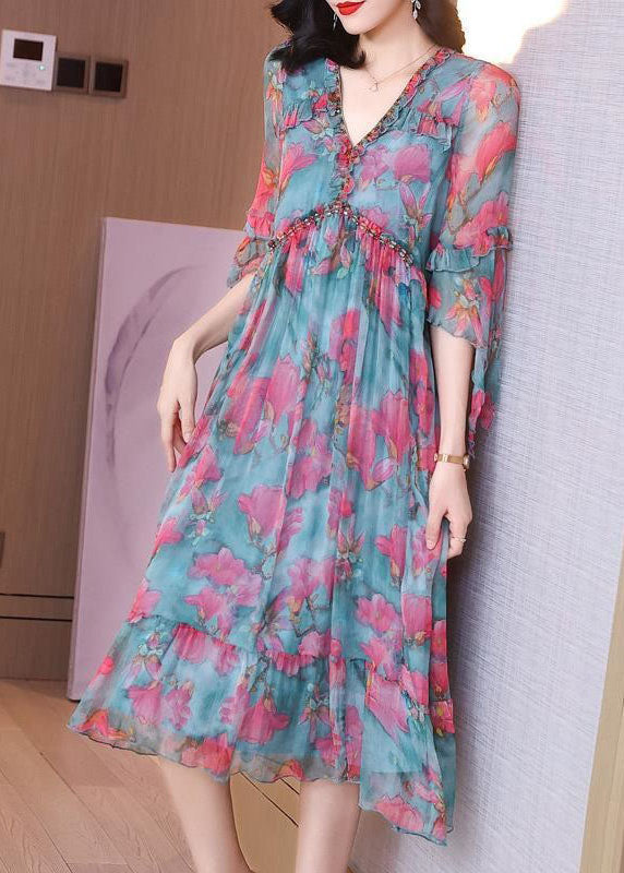 Modern Colorblock V Neck Ruffled Patchwork Print Silk Dress Half Sleeve