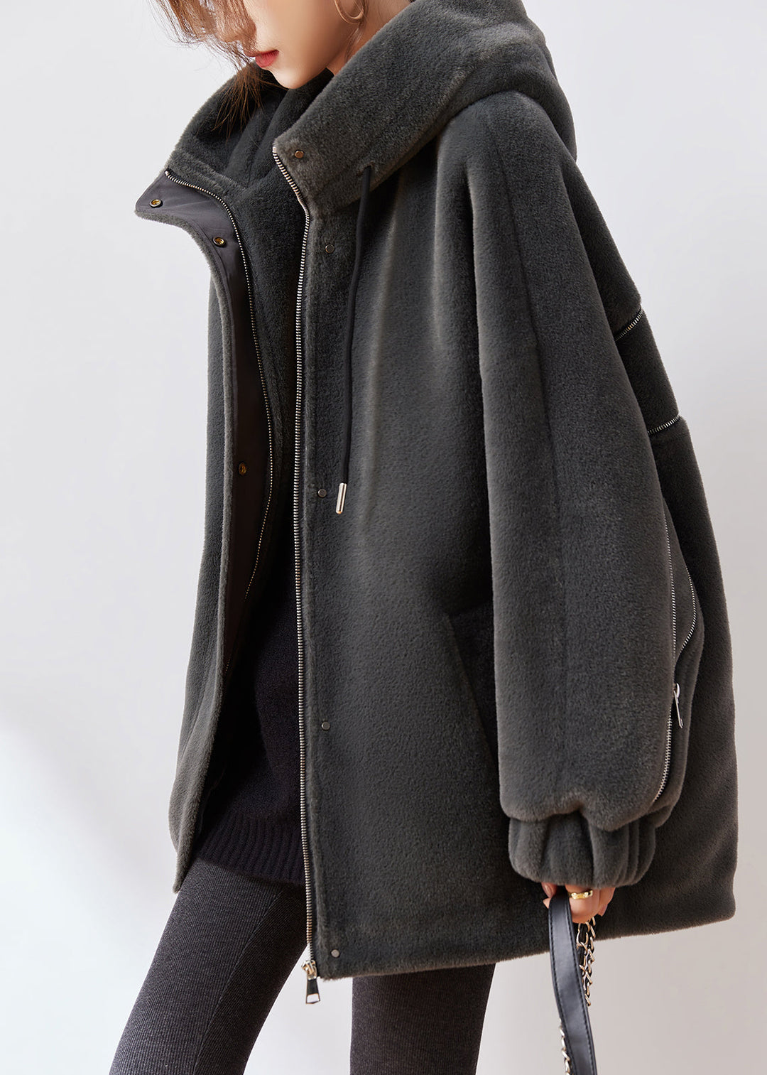 Modern Dark Grey Zip Up Cotton Filled Mink Velvet Coats Winter