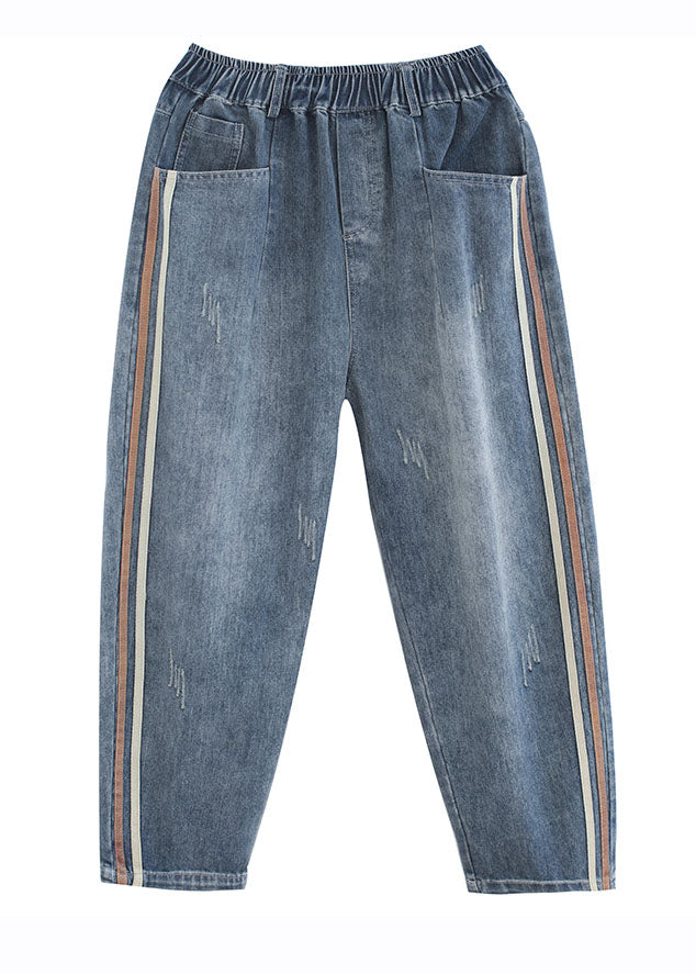 Modern Deinm Blue Pockets Striped Patchwork Elastic Waist Harem Pants Fall