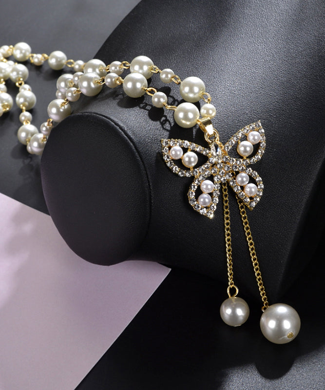 Modern Gold Alloy Pearl Zircon Butterfly Tassel Pendant Necklace