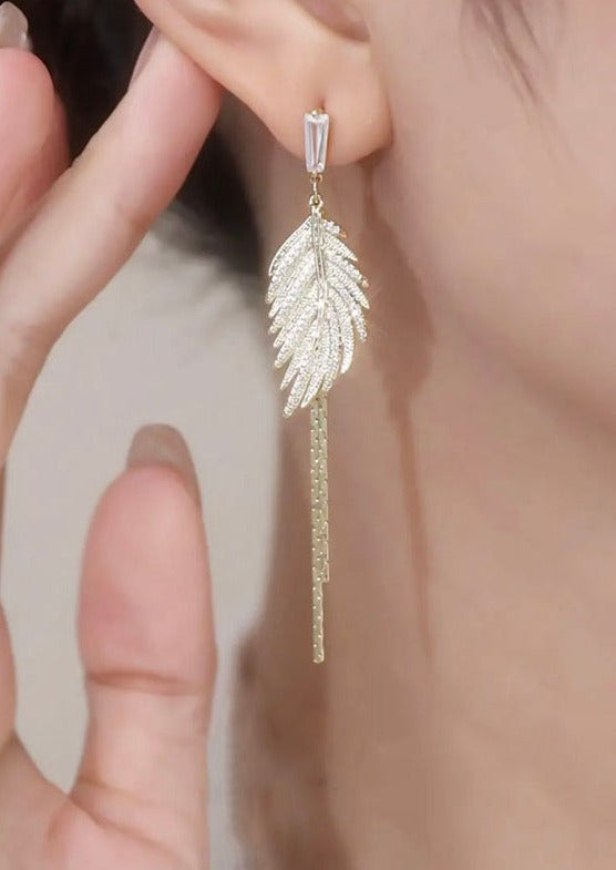 Modern Gold Sterling Silver Overgild Zircon Leaf Tassel Drop Earrings