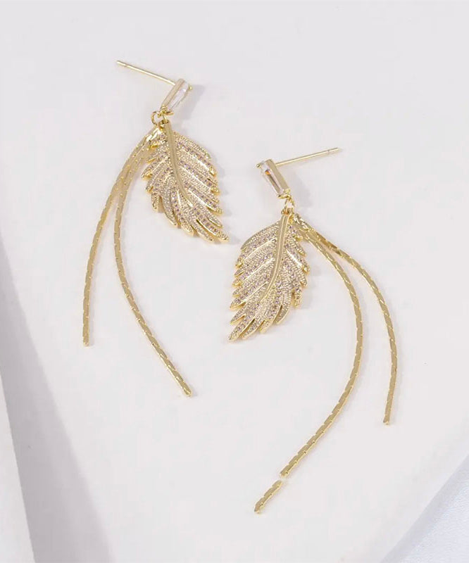 Modern Gold Sterling Silver Overgild Zircon Leaf Tassel Drop Earrings