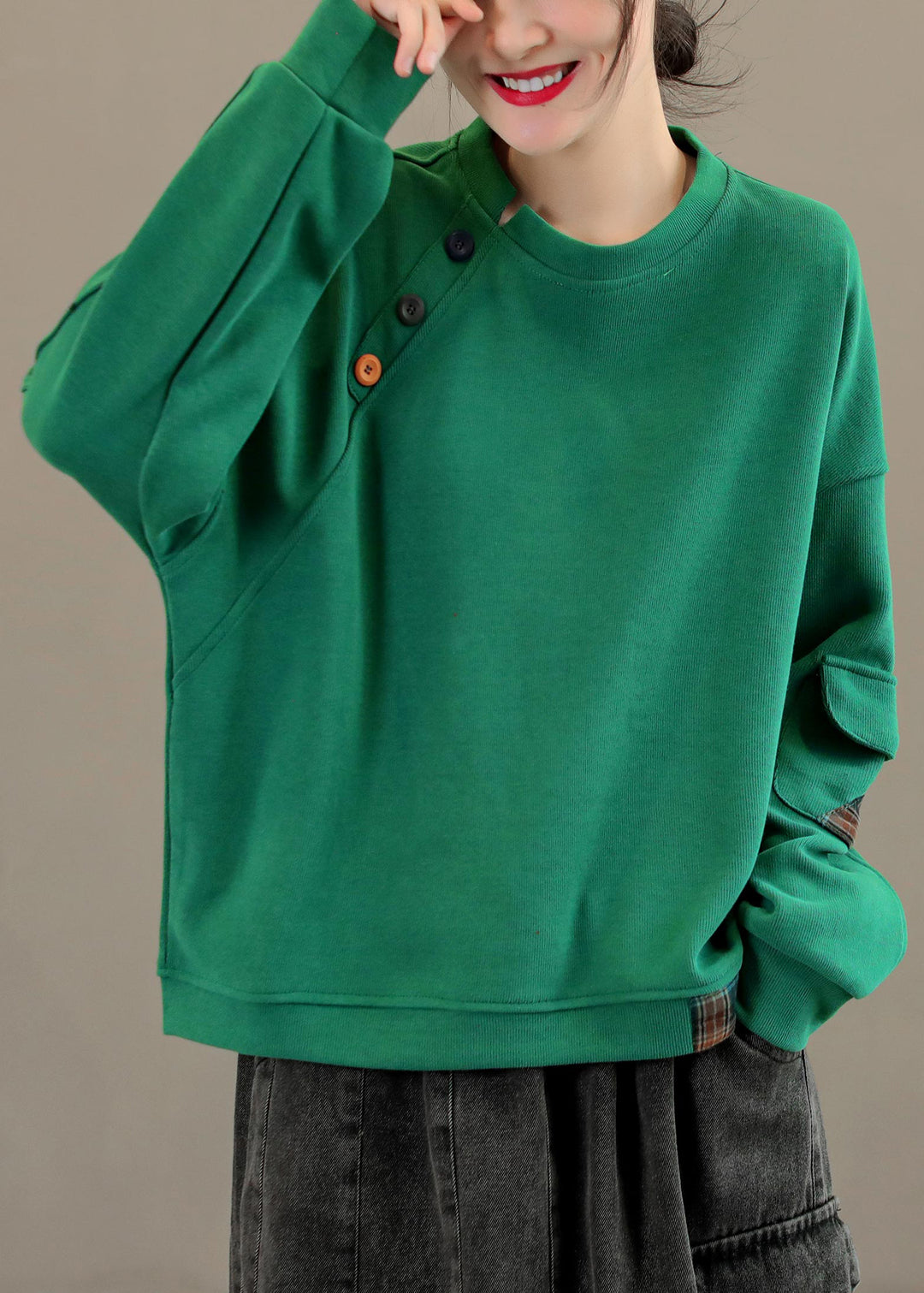 Modern Grass Green O-Neck Pockets Patchwork Button Cotton Sweatshirts Long Sleeve