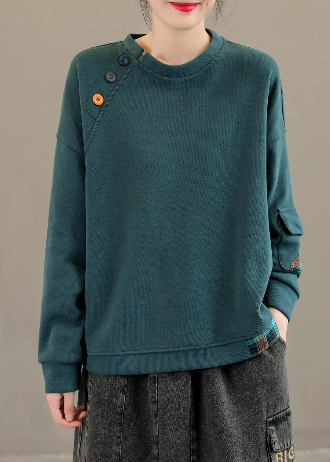 Modern Grass Green O-Neck Pockets Patchwork Button Cotton Sweatshirts Long Sleeve