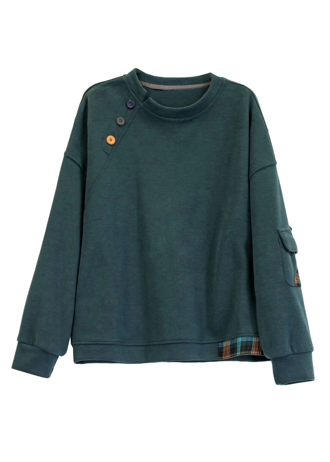 Modern Grass Green O-Neck Pockets Patchwork Button Cotton Sweatshirts Long Sleeve