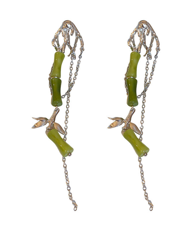 Modern Green Alloy Acrylic Bamboo Tassel Drop Earrings