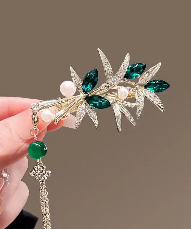 Modern Green Alloy Crystal Jade Bamboo Leaf Tassel Hairpin