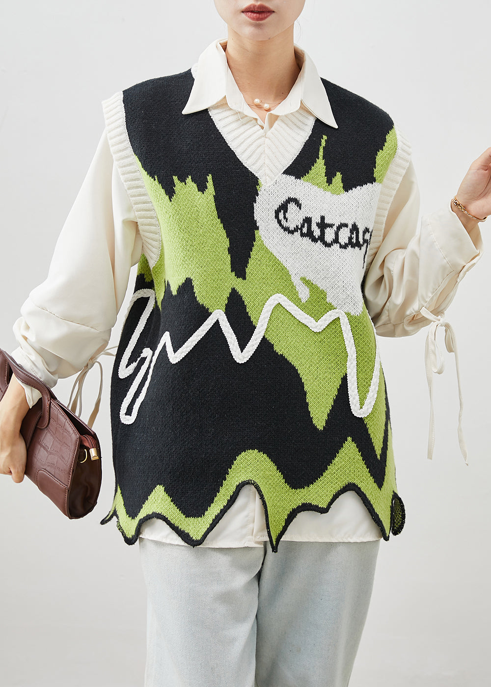 Modern Green Asymmetrical Patchwork Knit Vests Spring