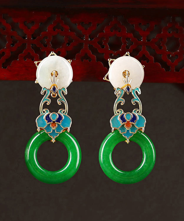 Modern Green Copper Cloisonne Jadeite Dry Green Floral Drop Earrings