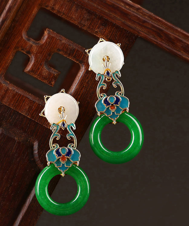 Modern Green Copper Cloisonne Jadeite Dry Green Floral Drop Earrings