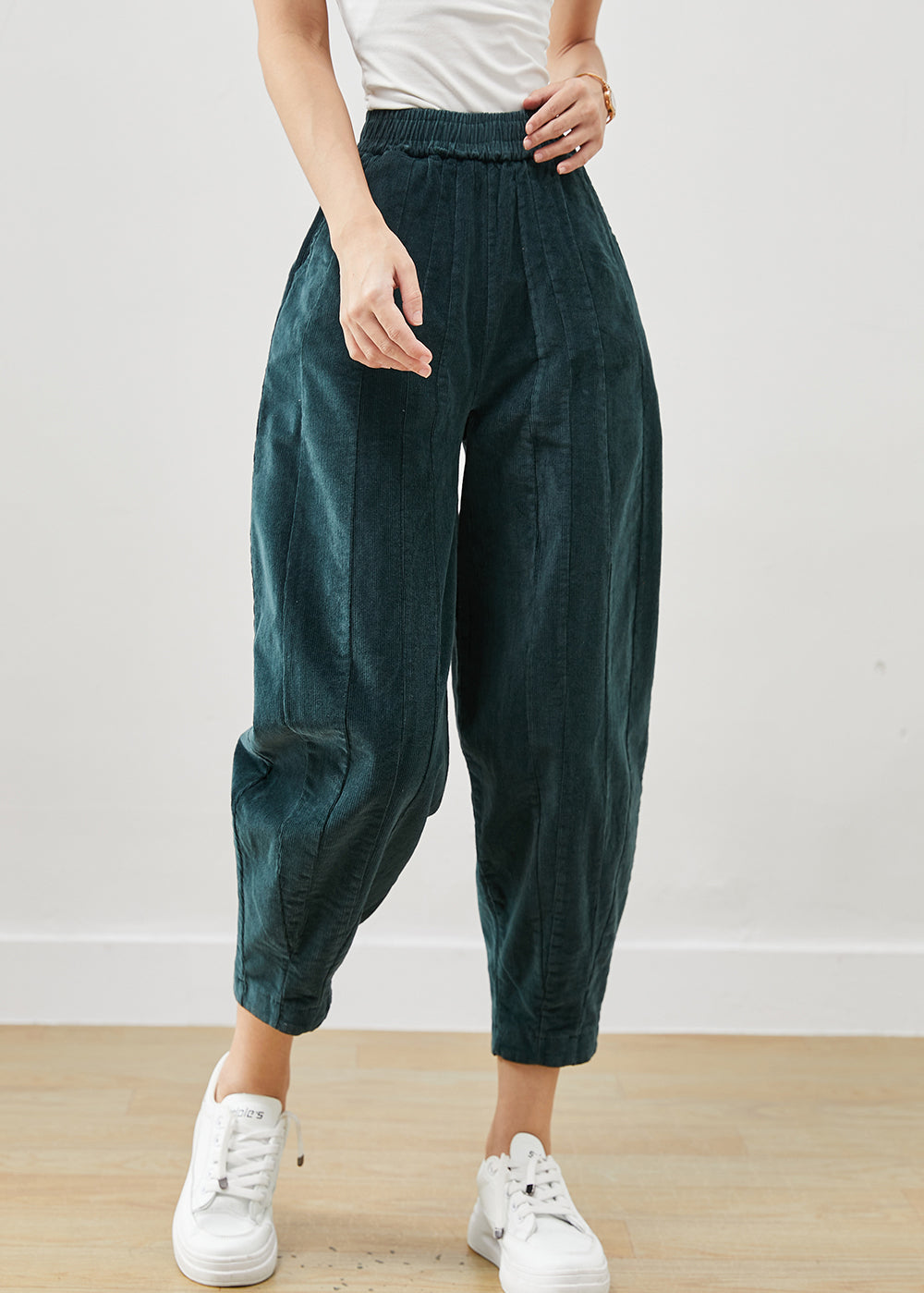 Modern Green Elastic Waist Patchwork Corduroy Crop Pants Winter