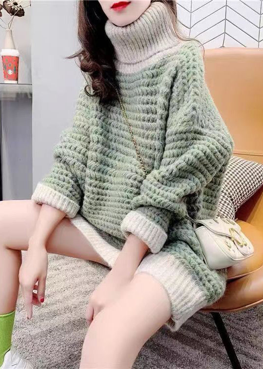 Modern Green Hign Neck Thick Patchwork Knit Sweaters Spring