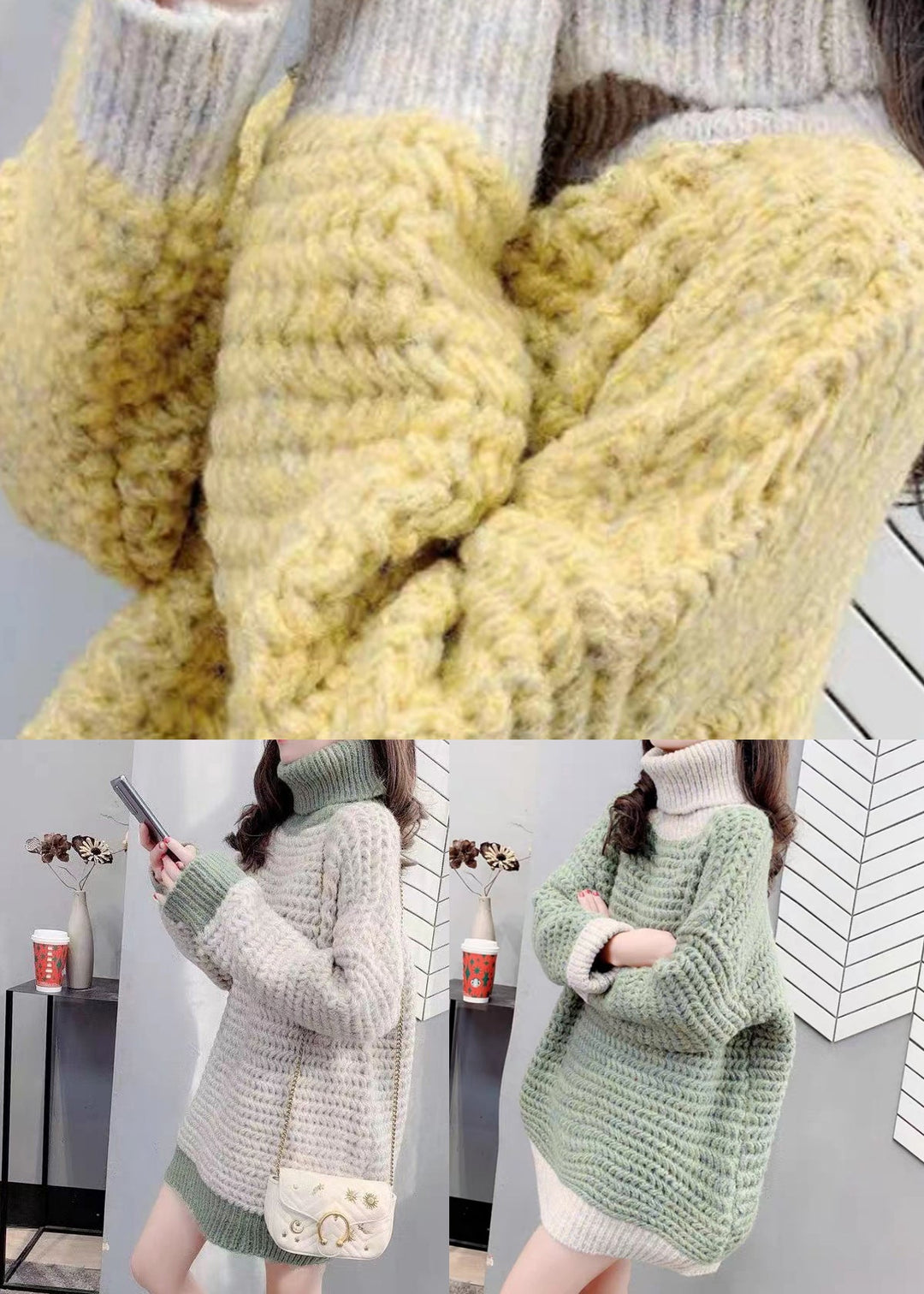 Modern Green Hign Neck Thick Patchwork Knit Sweaters Spring