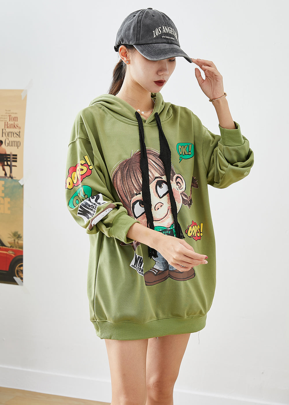 Modern Green Hooded Cartoon Print Cotton Sweatshirts Top Fall