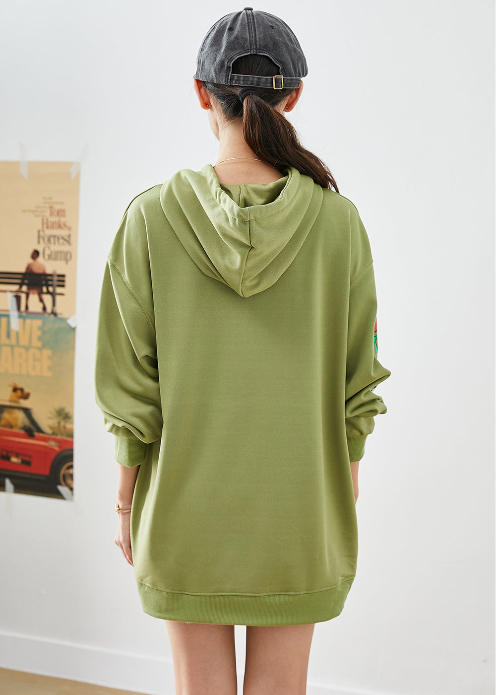 Modern Green Hooded Cartoon Print Cotton Sweatshirts Top Fall