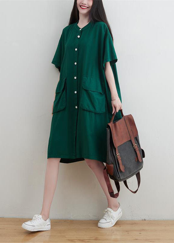 Modern Green Oversized Pockets Linen Maxi Dress Short Sleeve