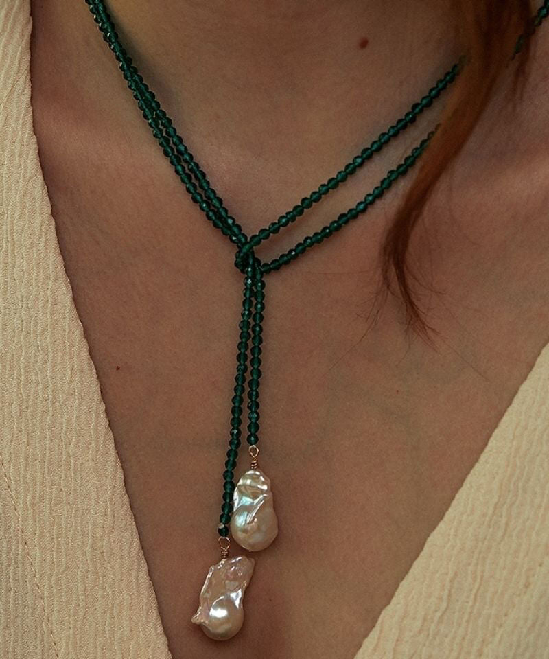 Modern Green Pearl Crystal Beading Sweater Pendant Necklace